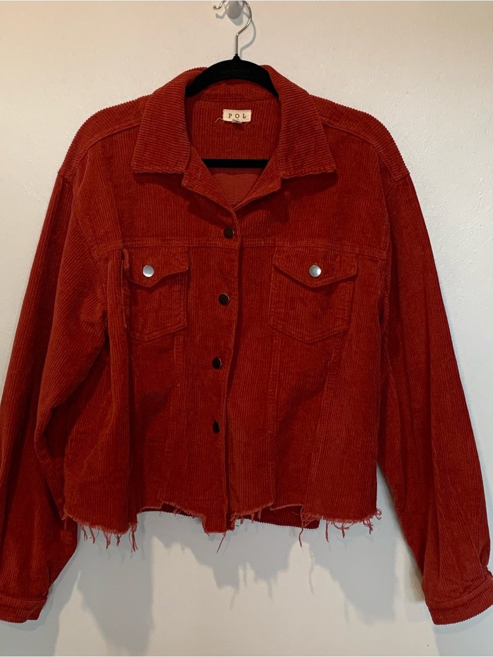 POL Rust Corduroy Jacket Cropped Raw Edge at Hem SZ L